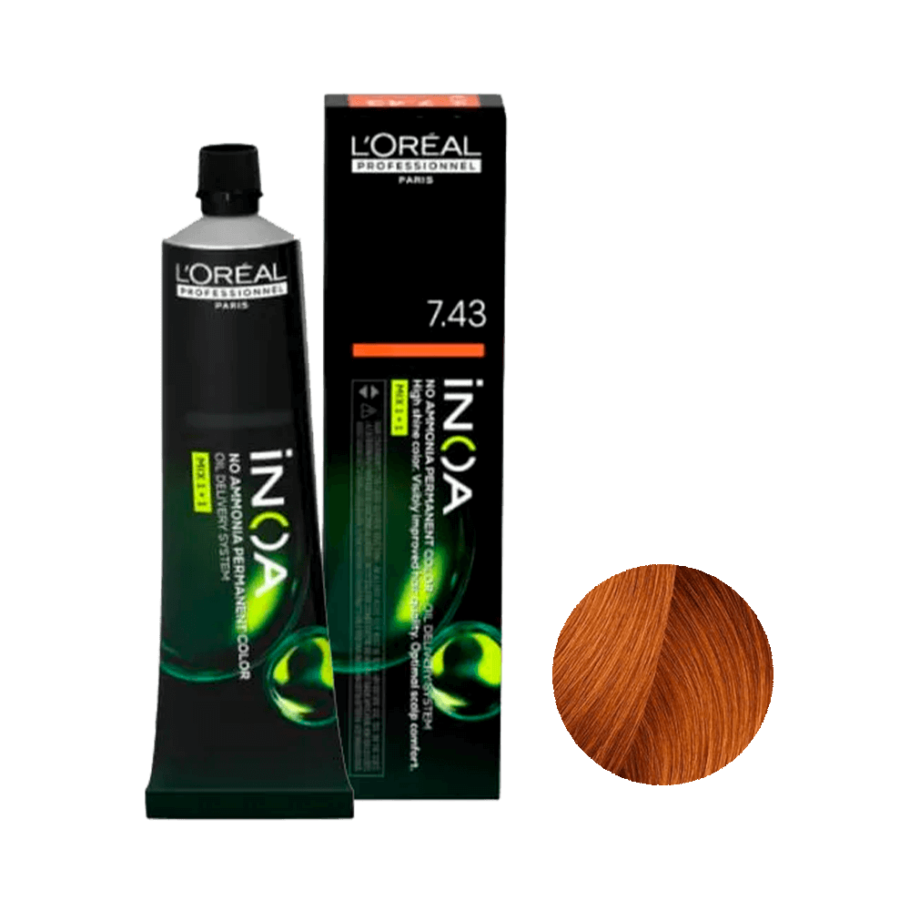Coloração L'Oréal Professionnel Inoa 7.43 - embalagem e amostra de cor louro acobreado dourado