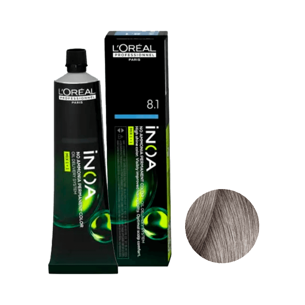 Coloração L'Oréal Professionnel Inoa 8.1 Louro Claro Acizentado - tubo e amostra de cor