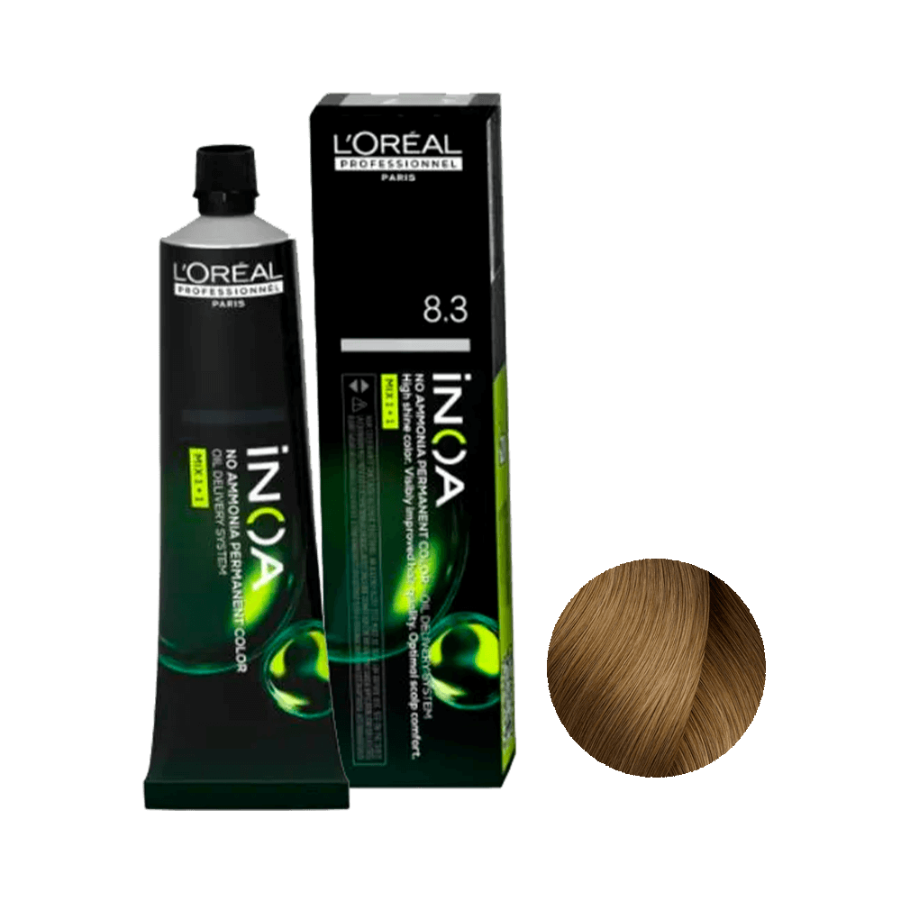 Tubo e caixa da coloração L'Oréal Professionnel Inoa 8.3 Louro Claro Dourado