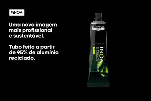 Tubo da coloração Inoa com indicação de tubo reciclado e identidade visual preta e verde
