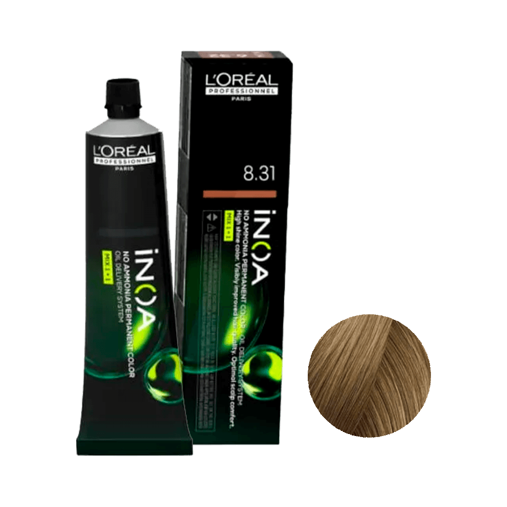 Coloração L'Oréal Professionnel Inoa 8.31 - tubo e caixa mostrando tom Louro Claro Bege Dourado