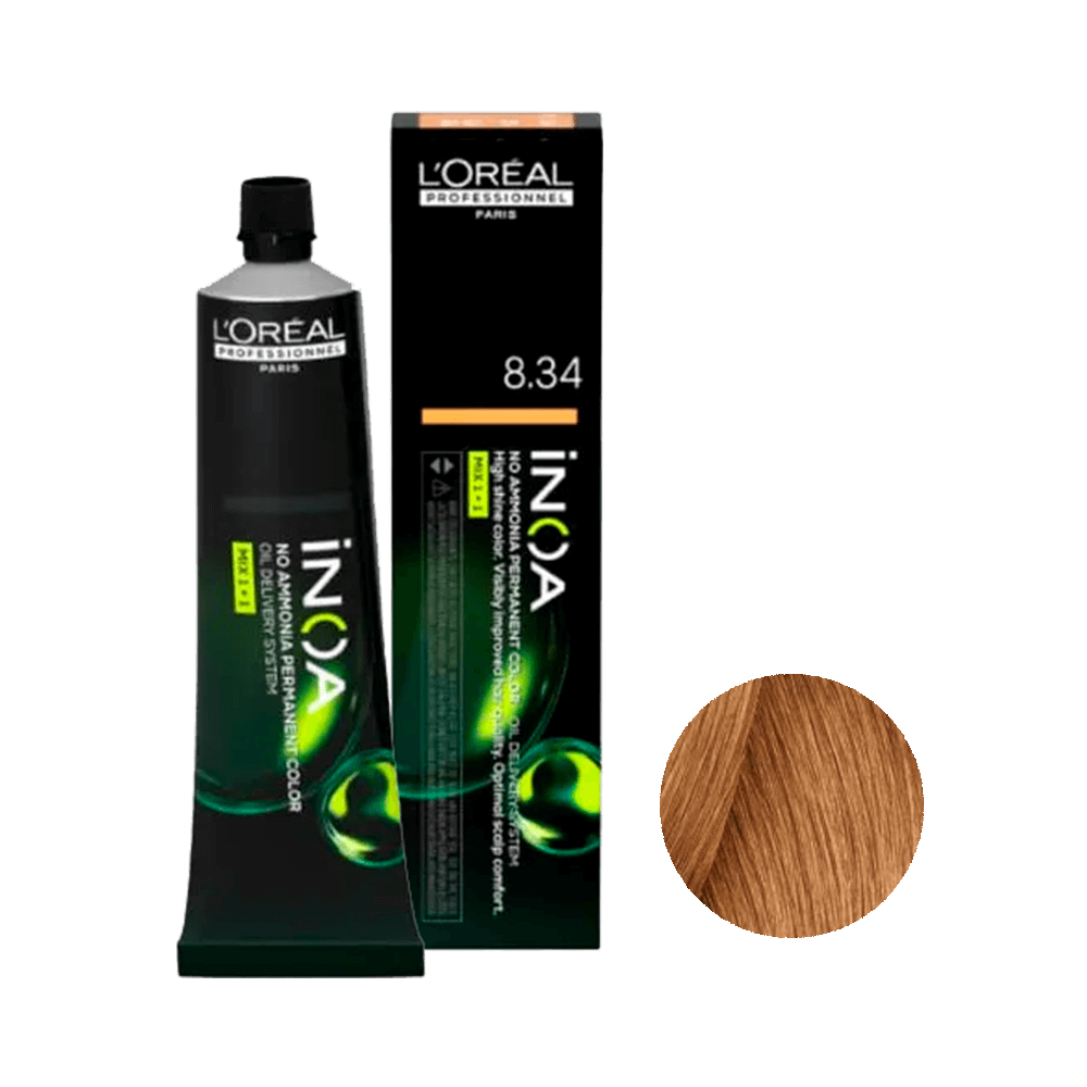 Coloração L'Oréal Professionnel Inoa 8.34 tubo e embalagem mostrando tonalidade louro claro dourado acobreado