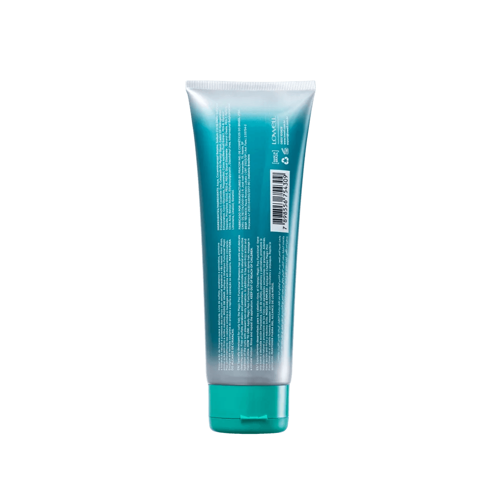 Verso do frasco do Shampoo Lowell Cacho Mágico Magic Poo mostrando informações e composição