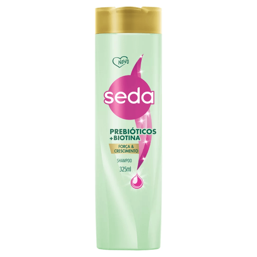 Frasco frontal do Shampoo Seda Força & Crescimento Prebióticos + Biotina 325ml