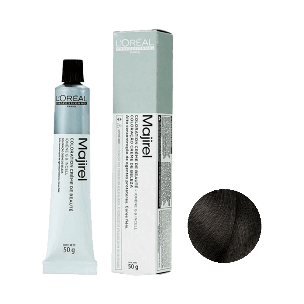 Coloração L'Oréal Professionnel Majirel 5.0 - embalagem e amostra de cor