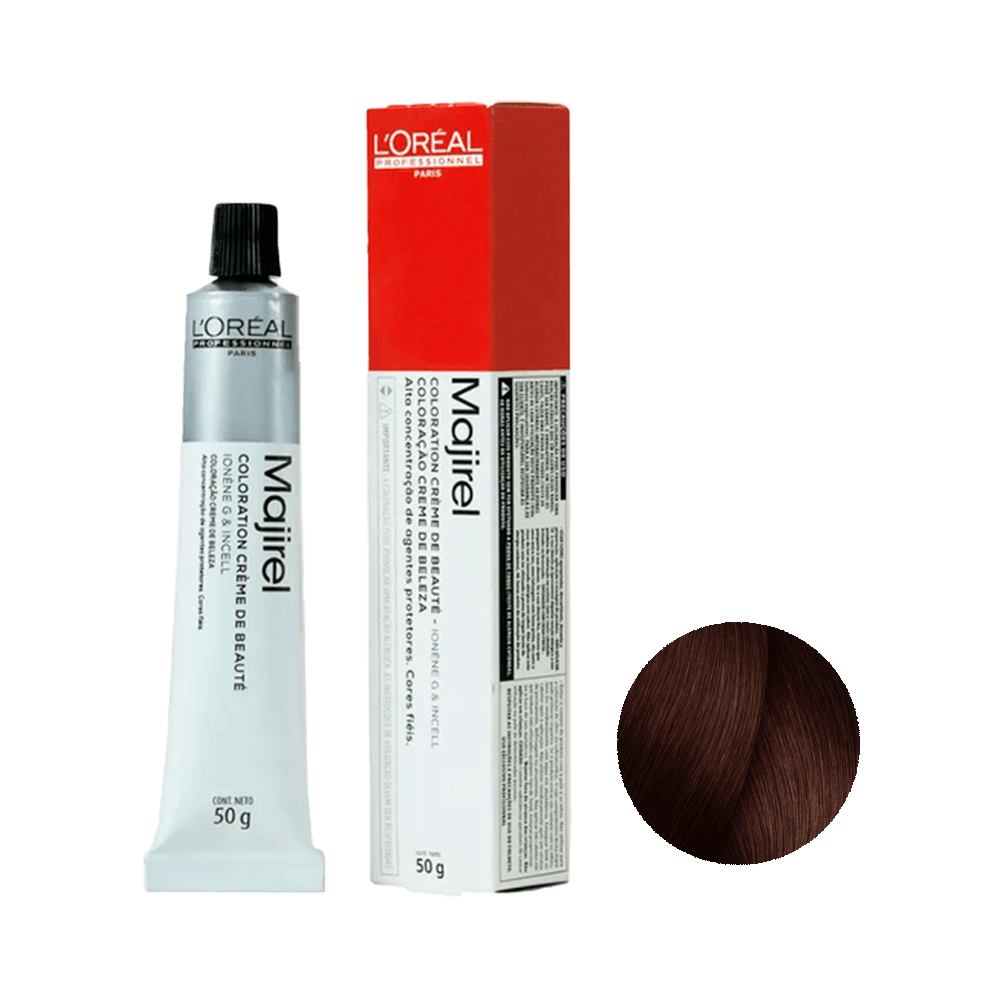 Coloração L'Oréal Professionnel Majirel 5.5 Castanho Claro Acaju 50g - embalagem e amostra da cor