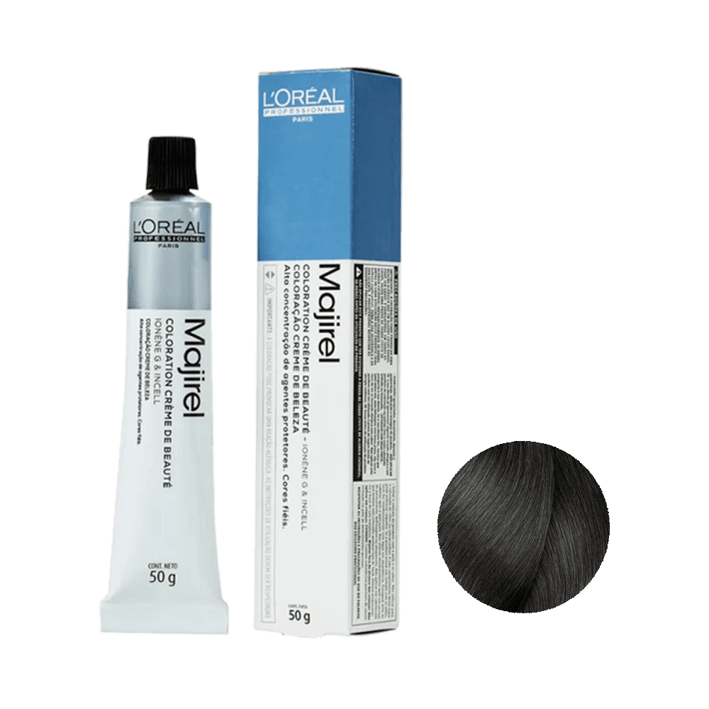 Coloração L'Oréal Professionnel Majirel 6.1 - tubo metálico e caixa com amostra da cor louro escuro acinzentado