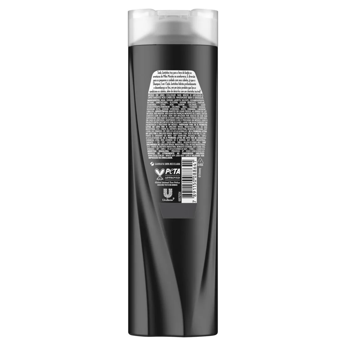 Detalhes do rótulo e selos da embalagem do Shampoo & Condicionador Seda Juntinhos