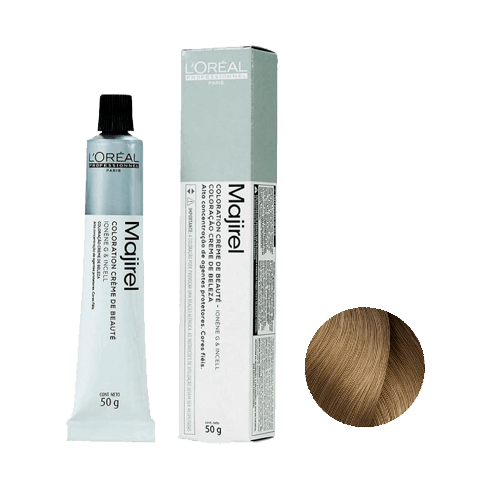 Embalagem e tubo da coloração Majirel 9.0 L'Oréal Professionnel com amostra de cor louro muito claro natural profundo