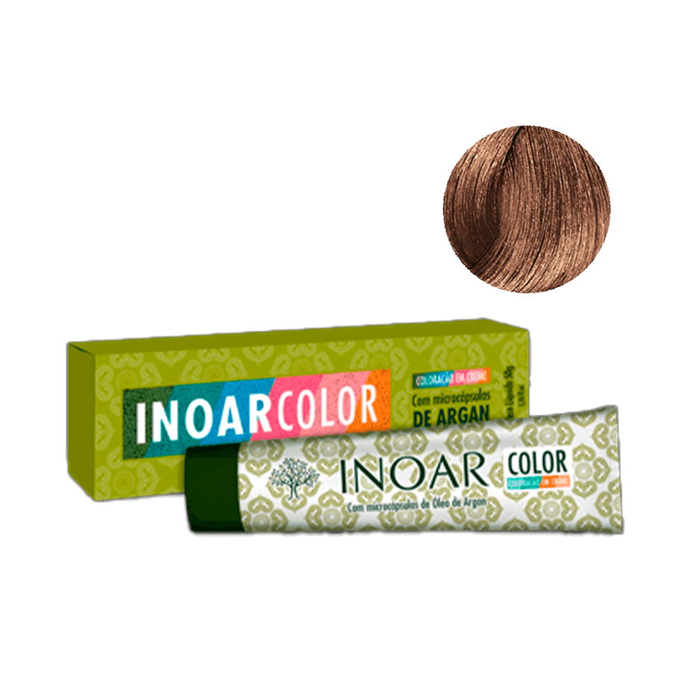 Caixa e bisnaga da Coloração Inoar 8.31 Louro Claro Bege com amostra da cor