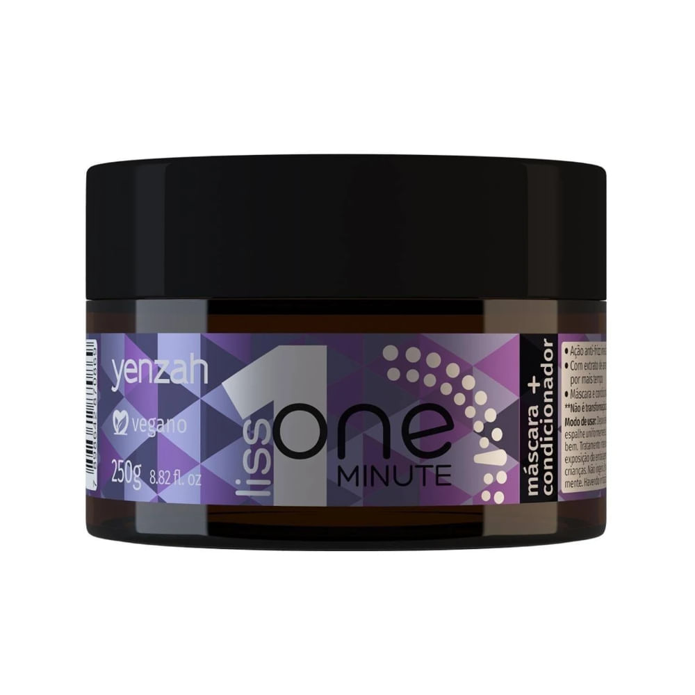 Pote da Máscara + Condicionador Yenzah One Minute Liss 250g com rótulo roxo e selo vegano