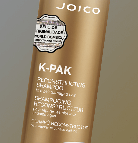 Close do rótulo com selo SmartRelease e detalhes do produto Joico K-Pak