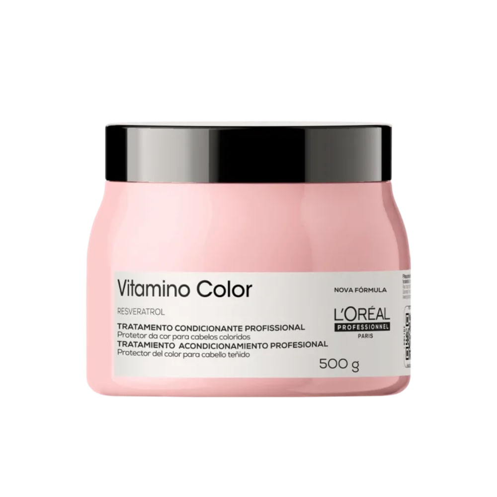 Pote rosa da Máscara Capilar L'Oréal Professionnel Serie Expert Vitamino Color 500g sobre fundo branco