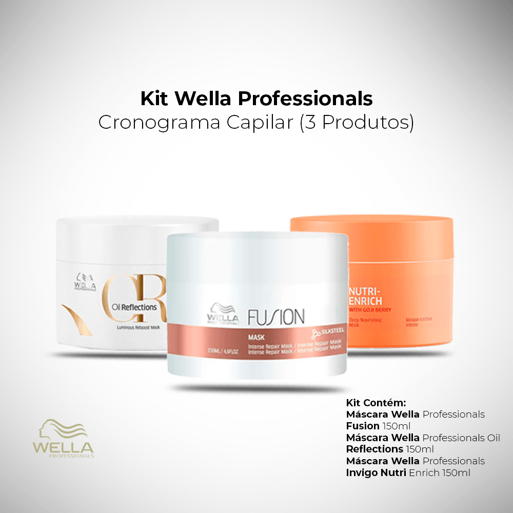 Imagem do kit Wella Professionals Cronograma Capilar com três potes e descrição do conteúdo