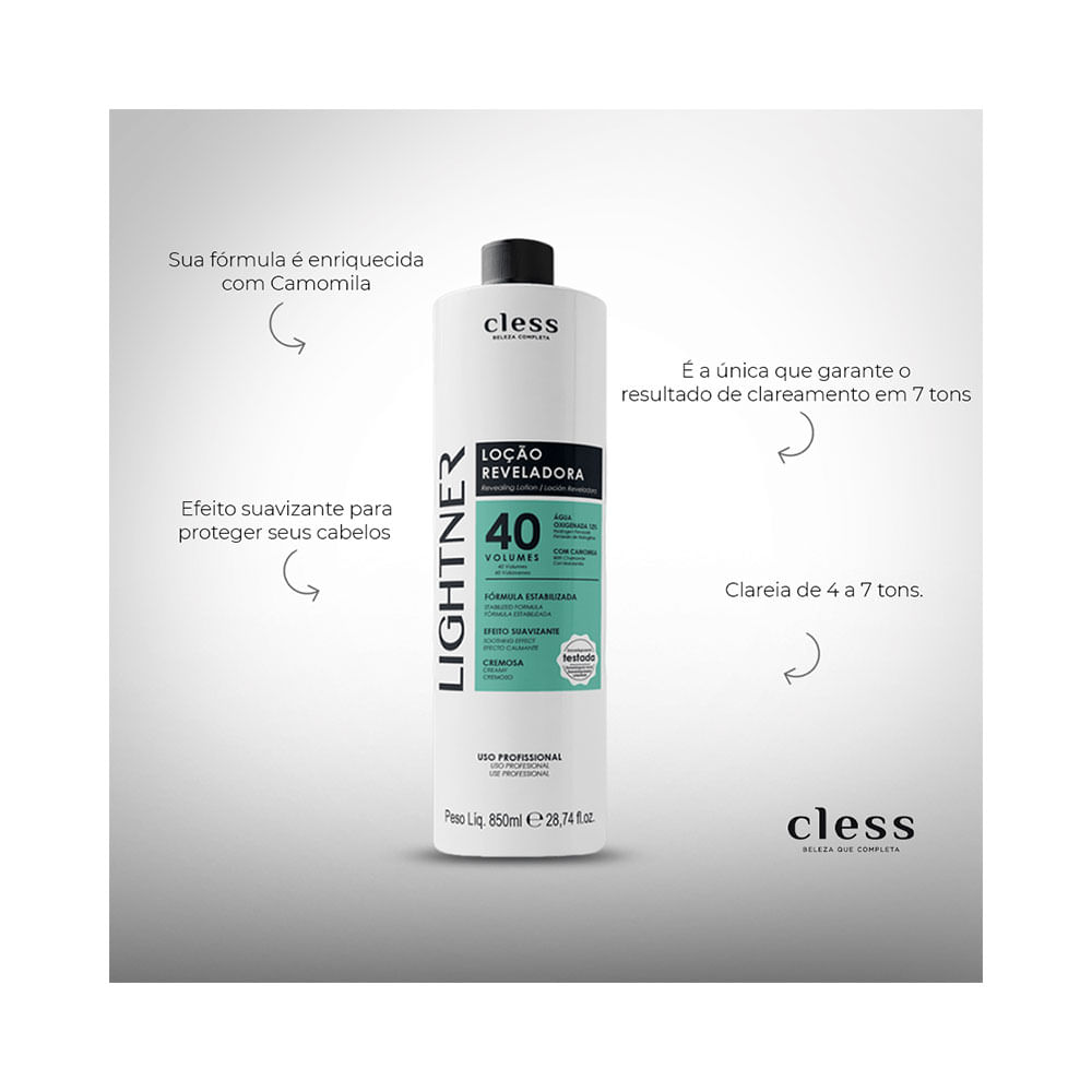 Frasco da Água Oxigenada Cless Lightner 40 Volumes mostrando o rótulo e informações