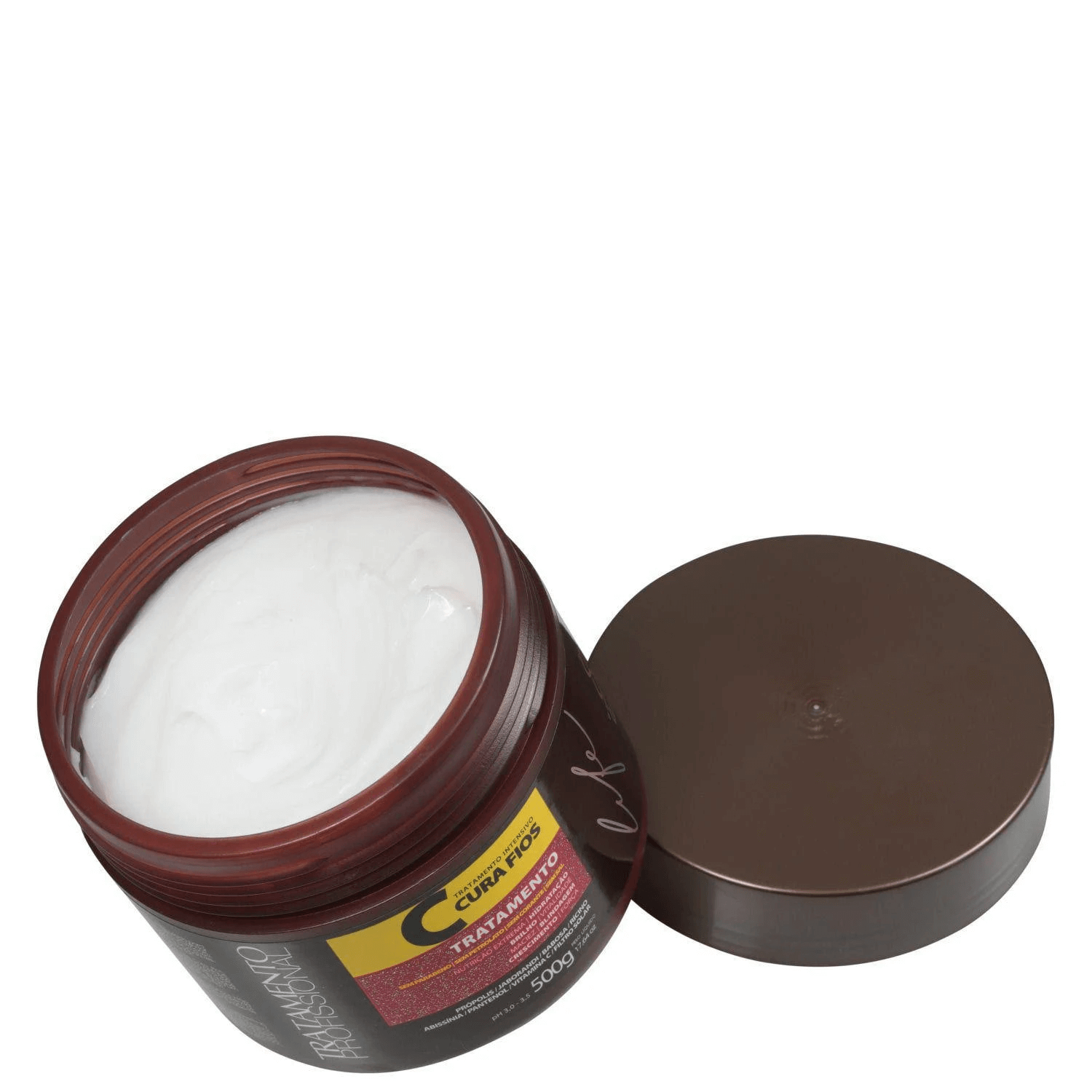 Pote aberto da Máscara Capilar Eico Cura Fios mostrando o creme branco