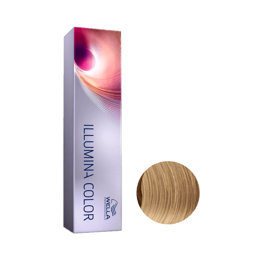 Embalagem da Coloração Wella Professionals Illumina Color 8 Louro Claro 60g com amostra de fio loiro claro