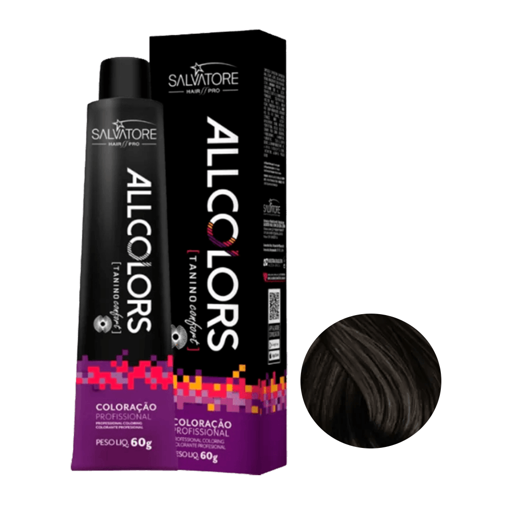 Tinta Salvatore All Colors 6.0 Louro Profundo 60g - embalagem preta com amostra da cor