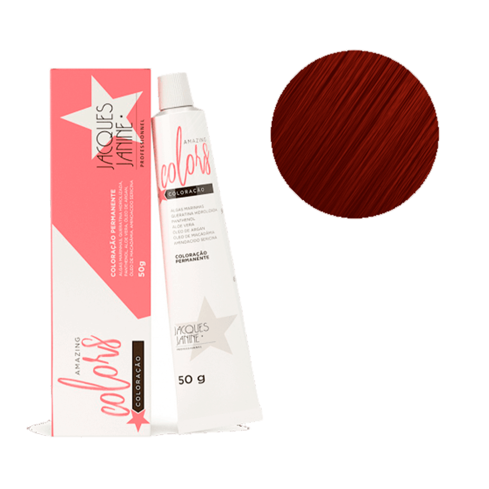 Caixa e tubo da coloração Jacques Janine Amazing Colors 6.66 com amostra da cor Louro Escuro Vermelho Intenso