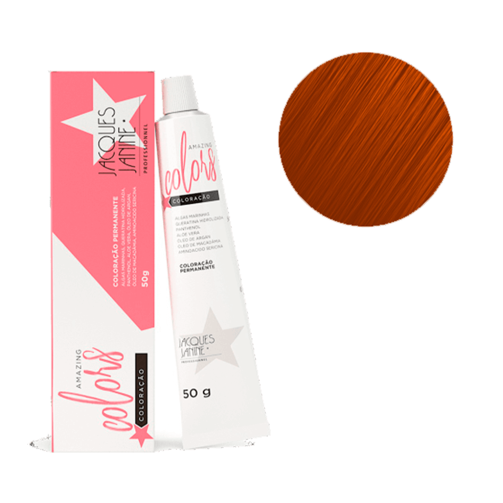 Coloração Jacques Janine Amazing Colors 7.4 Louro Médio Cobre - embalagem e tubo 50g