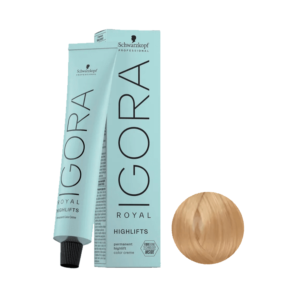 Coloração Igora Royal Highlifts 10.0 Loro Ultra Claro Natural 60g - embalagem azul clara com amostra da cor