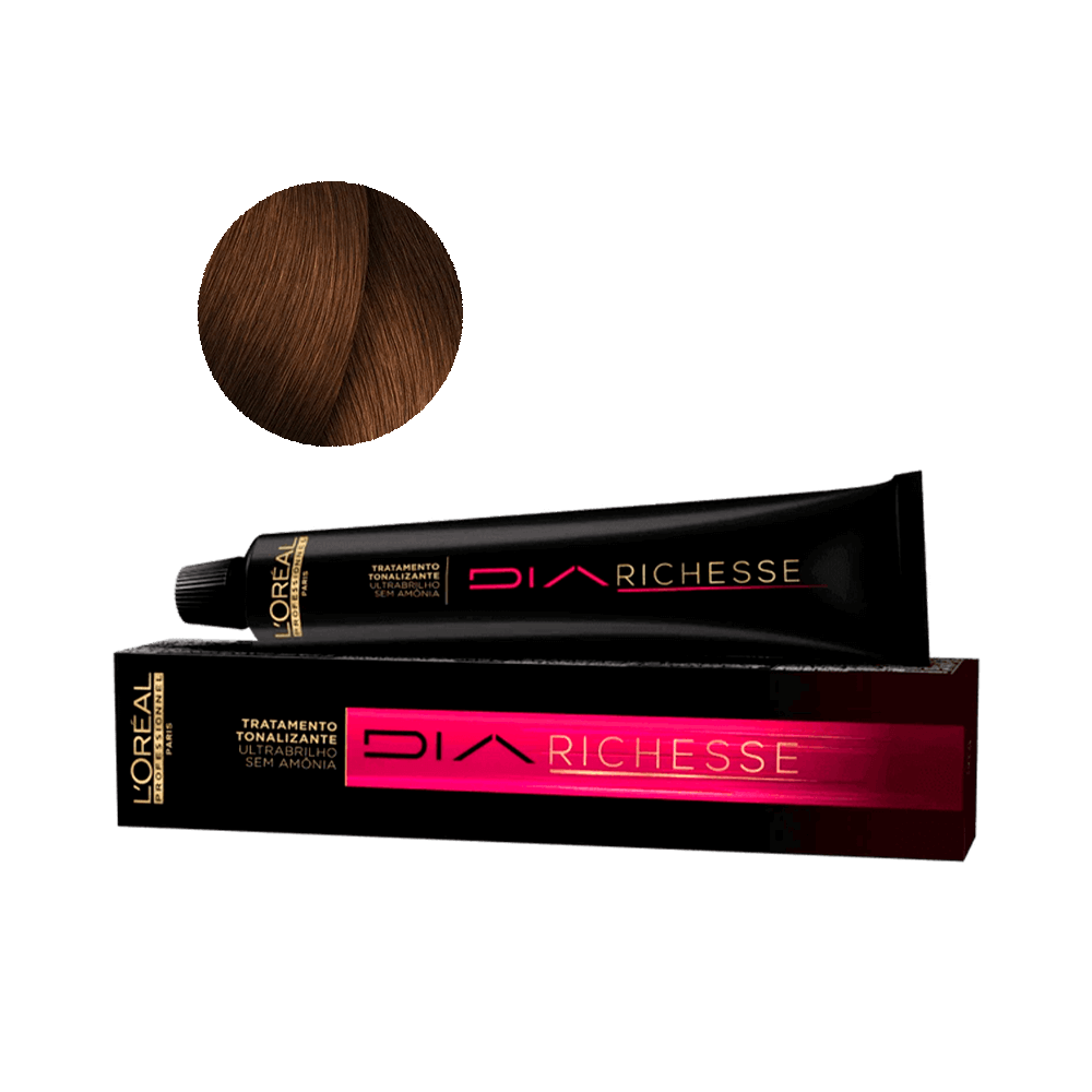 Coloração L'Oréal Professionnel DiaRichesse 6.34 Marrom Mel 50g - embalagem e amostra de cor