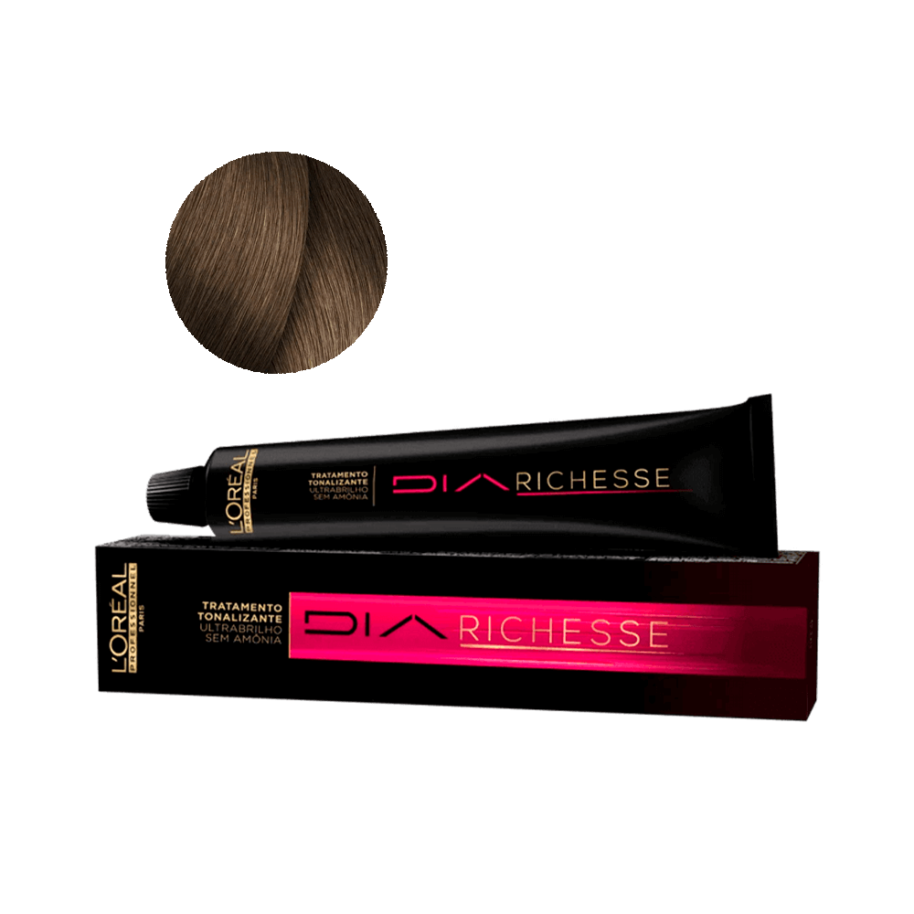Tubo do tonalizante L'Oréal Professionnel DiaRichesse 7.8 Louro Marrom 50g sobre a caixa