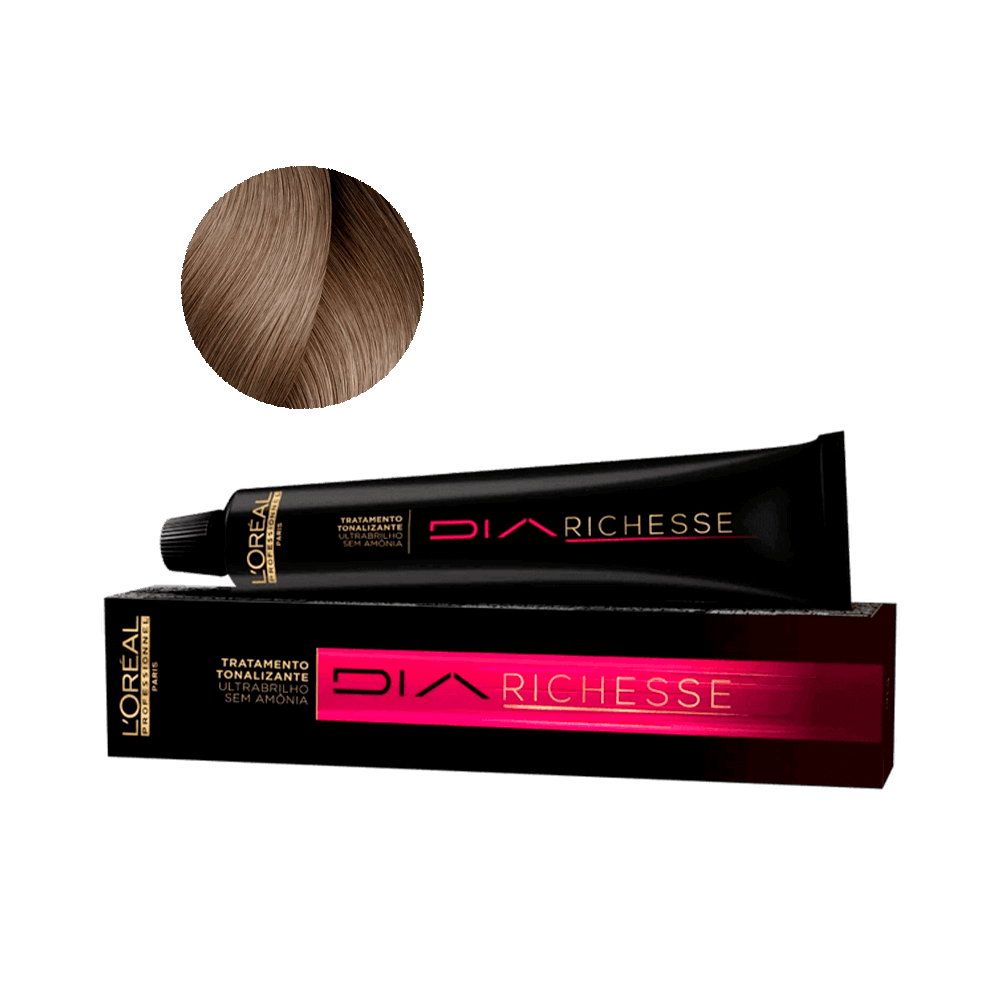 Coloração L'Oréal Professionnel DiaRichesse 8.02 Bege Amadeirado 50g - embalagem e amostra da cor