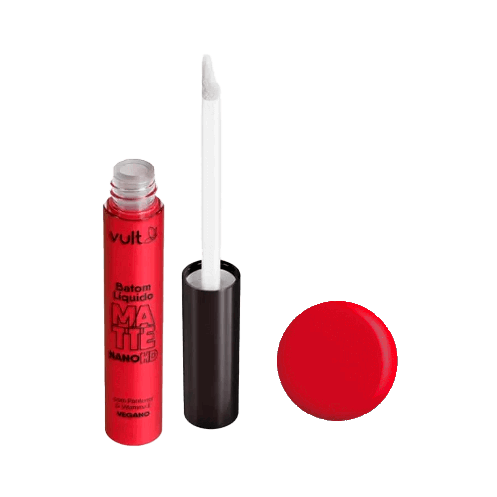 Batom Líquido Matte Vult Nano HD Vermelho Rubi embalagem aberta com aplicador