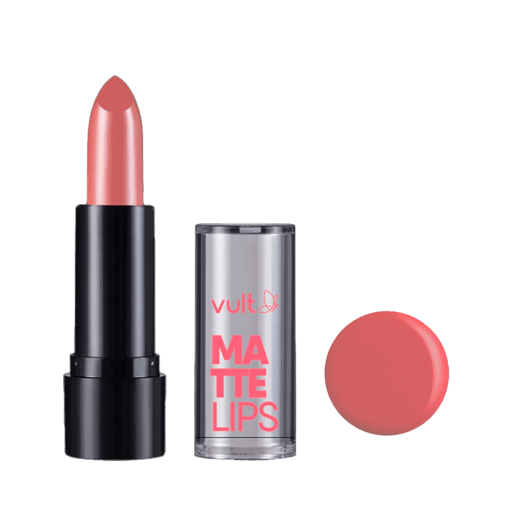 Batom Vult Matte Lips Castanho em fundo preto, bala exposta com acabamento matte
