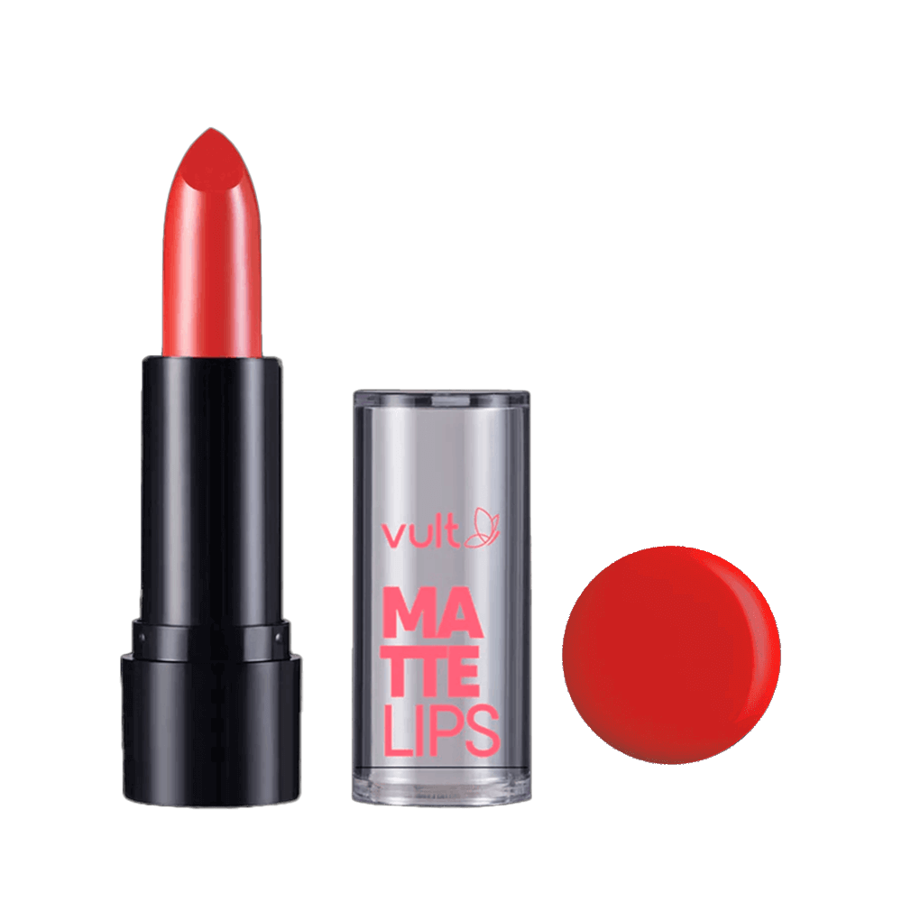 Batom Matte Vult Lips Vermelho Carmim com bala visível e embalagem preta com tampa transparente