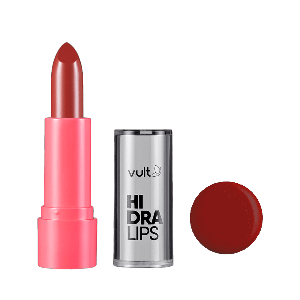 Batom Vult Hidra Lips Capuccino aberto mostrando a bala e amostra da cor