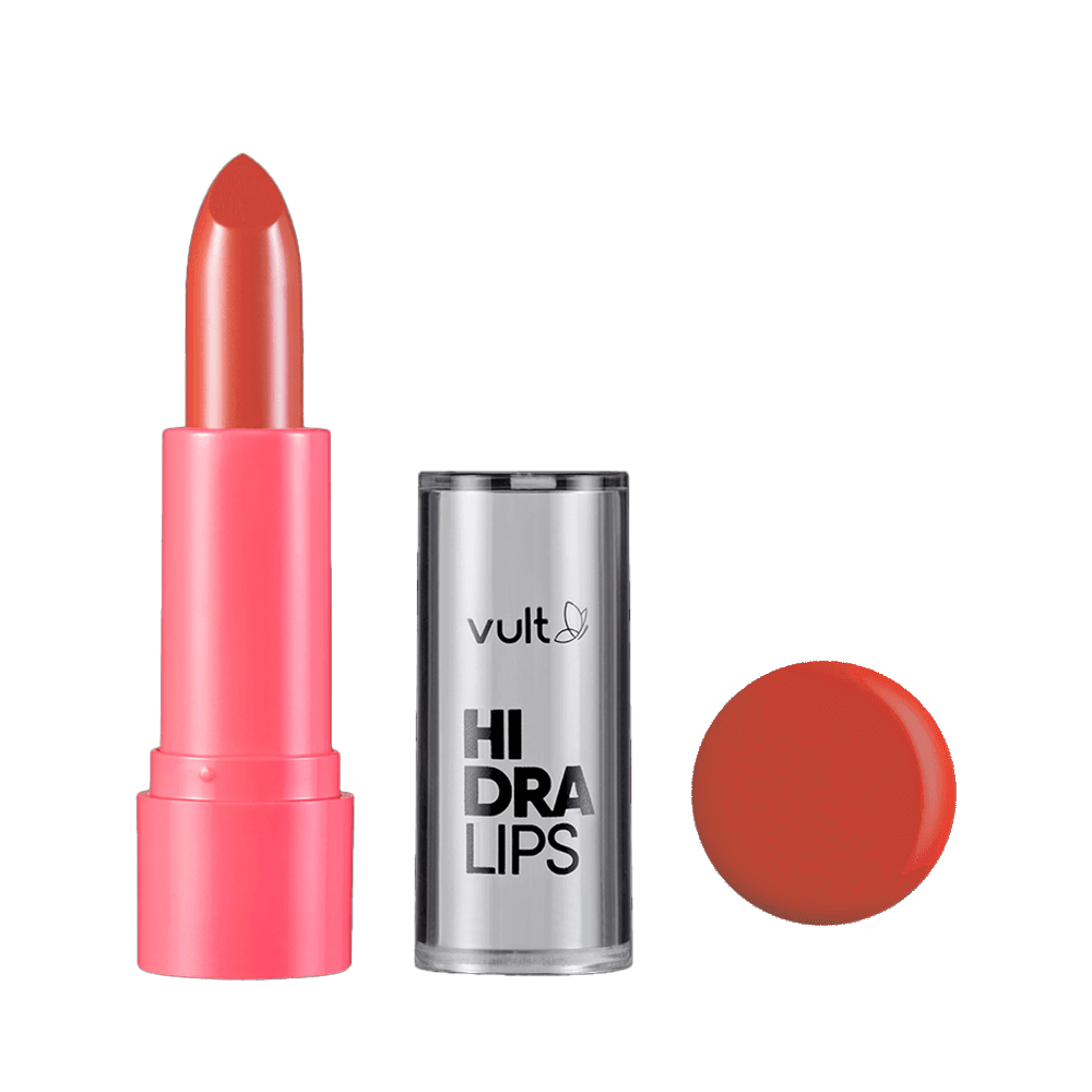Batom Vult Hidra Lips Macadâmia - embalagem rosa, bala marrom avermelhada, acabamento cremoso