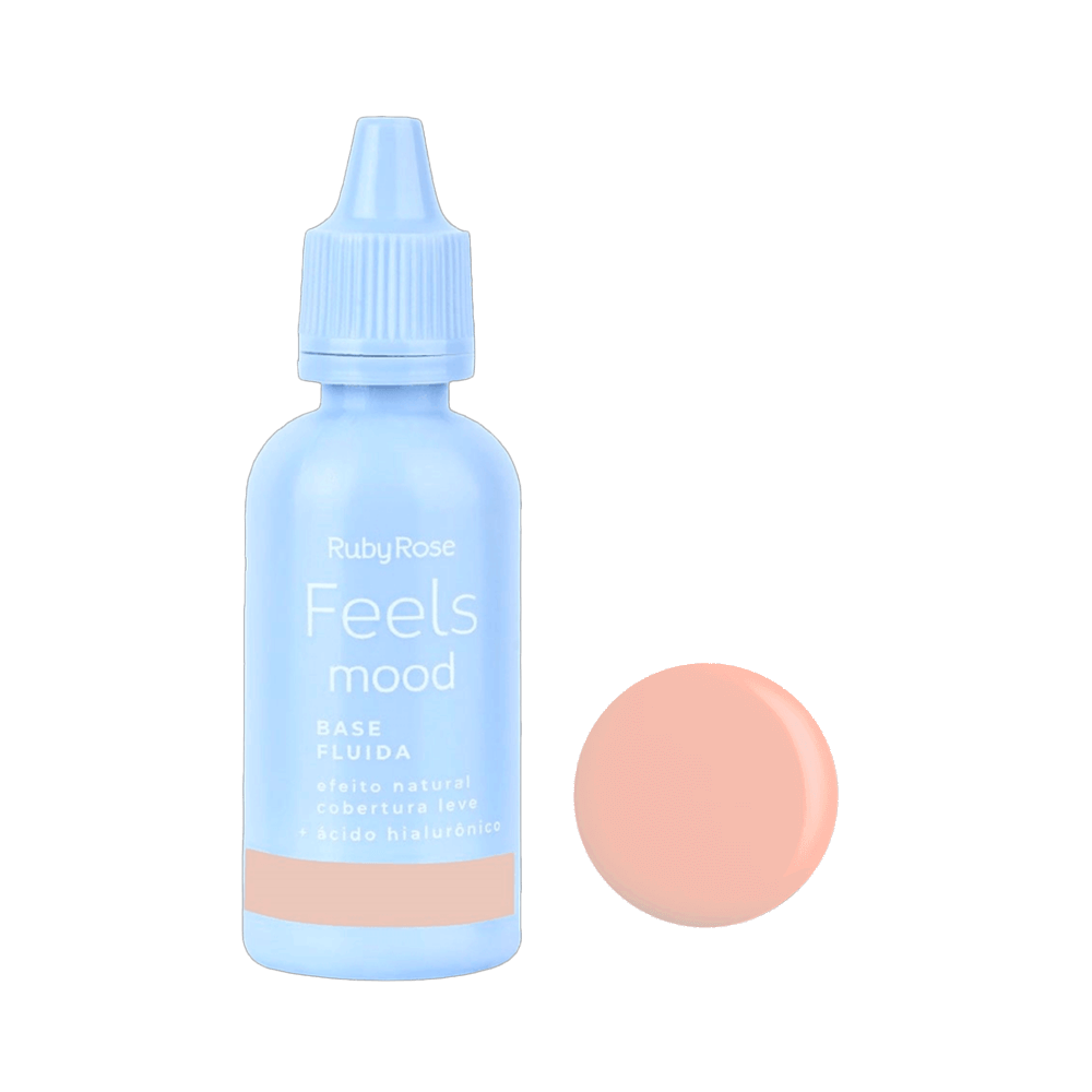 Base Fluida Ruby Rose Feels Mood MC51 frasco azul claro com conta-gotas e amostra da cor