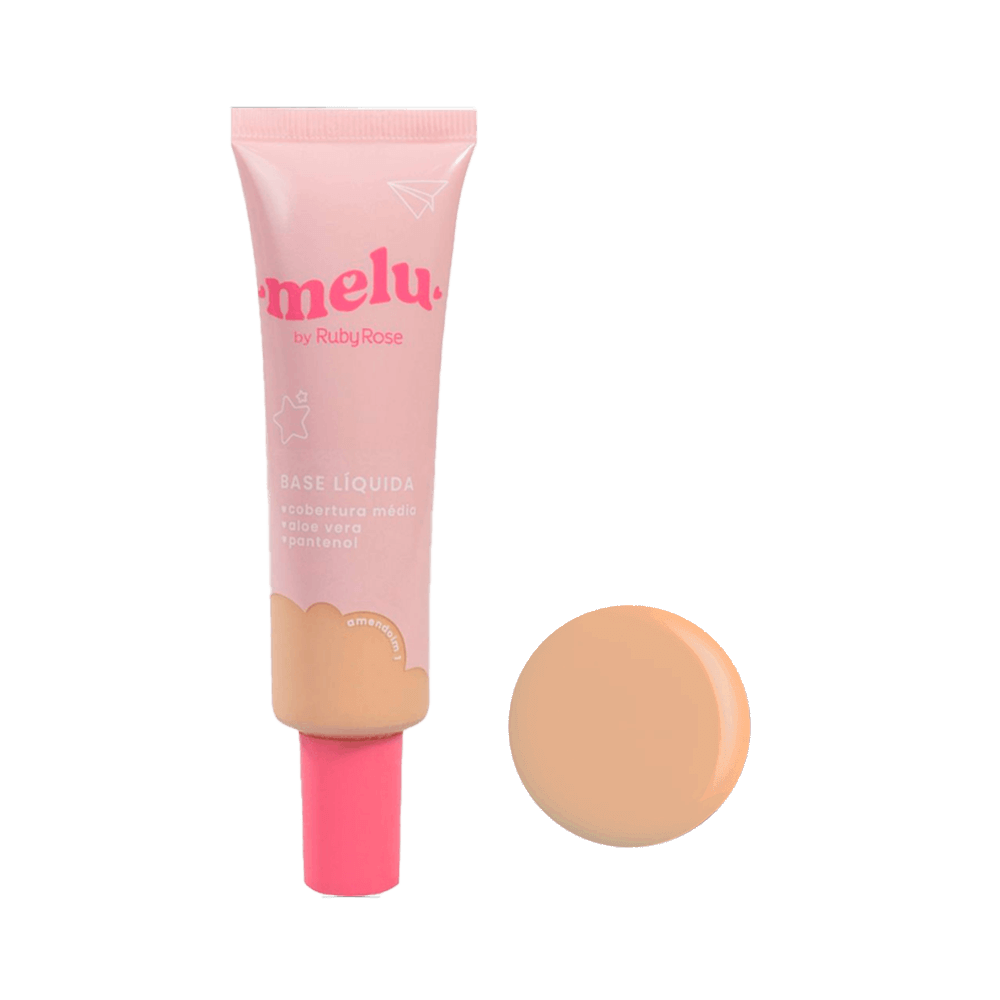 Base Líquida Melu Amendoim 1 Ruby Rose - embalagem bisnaga rosa com amostra da cor