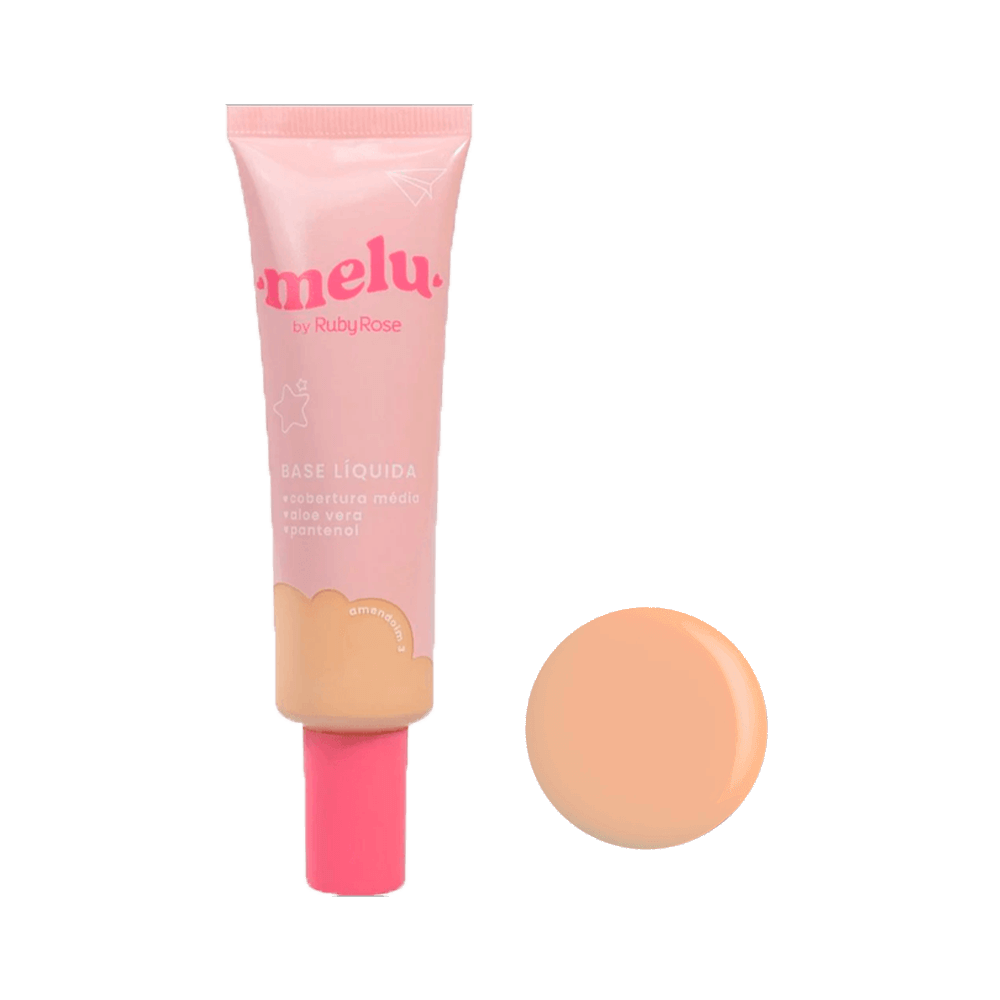 Base Líquida Melu Amendoim 3 Ruby Rose embalagem rosa e círculo com cor do produto