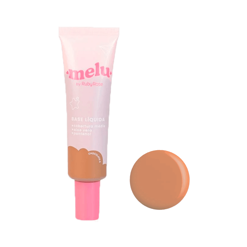 Base Líquida Melu Chocolate 8 Ruby Rose - embalagem frontal rosa com amostra da cor