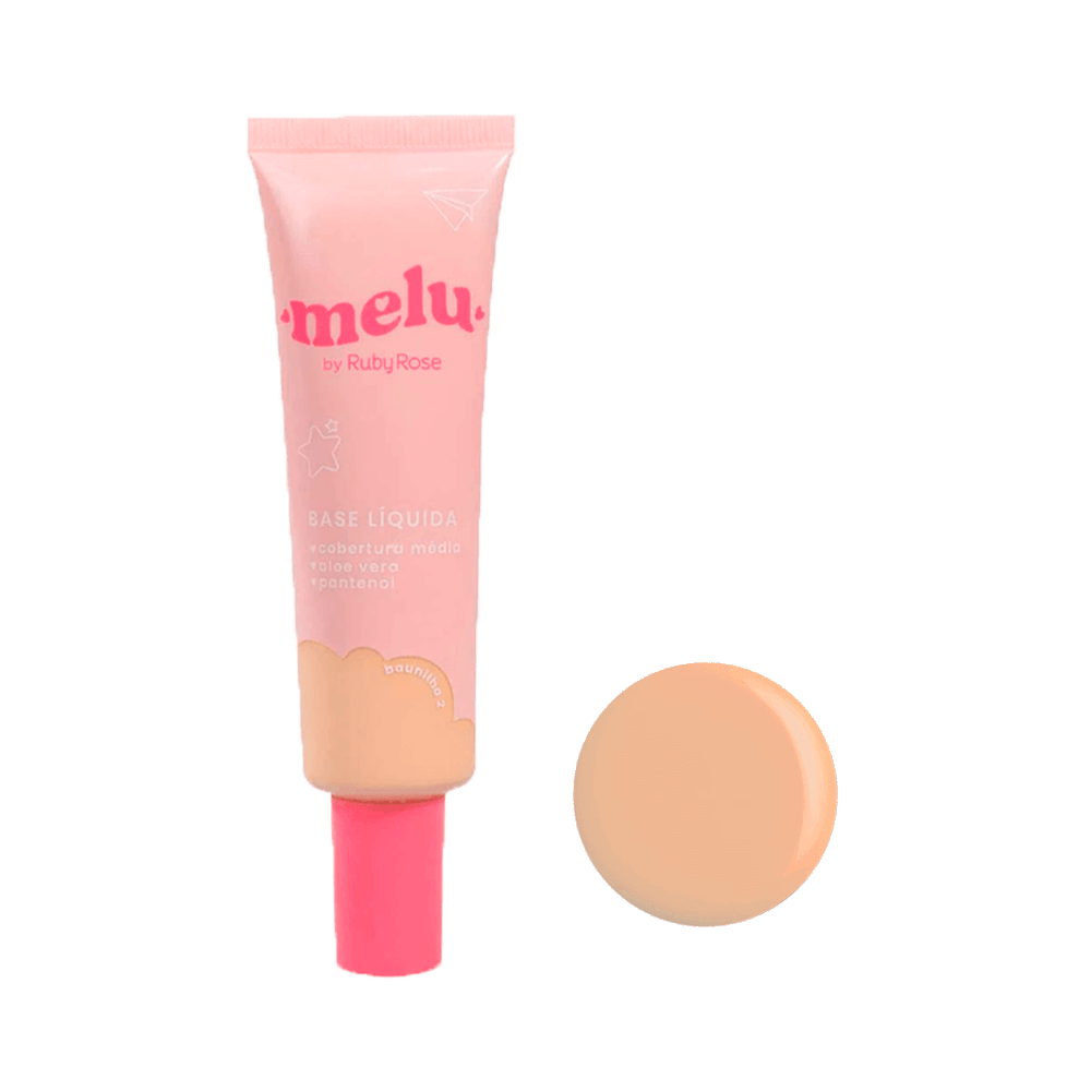 Base Líquida Ruby Rose Melu Baunilha 2 - embalagem rosa claro com tampa rosa pink, amostra bege claro