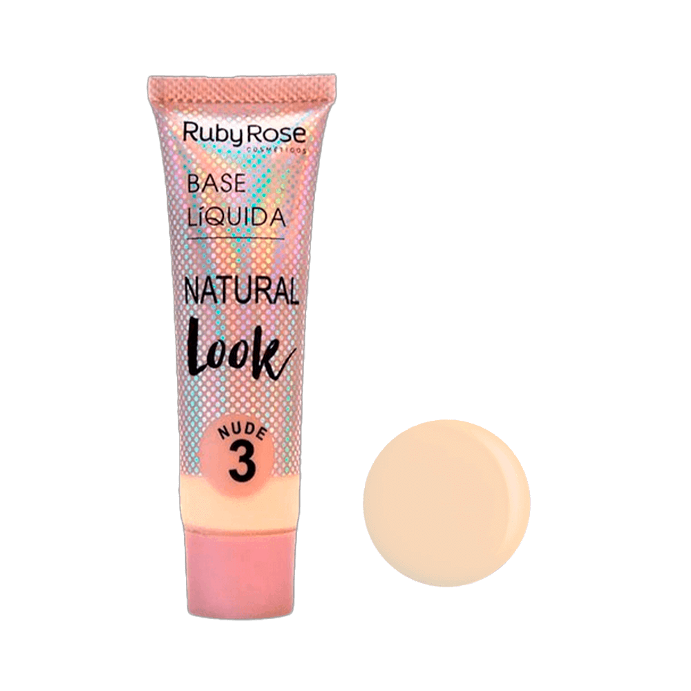 Base Líquida Ruby Rose Natural Look Nude 03 37g - embalagem holográfica com amostra da cor