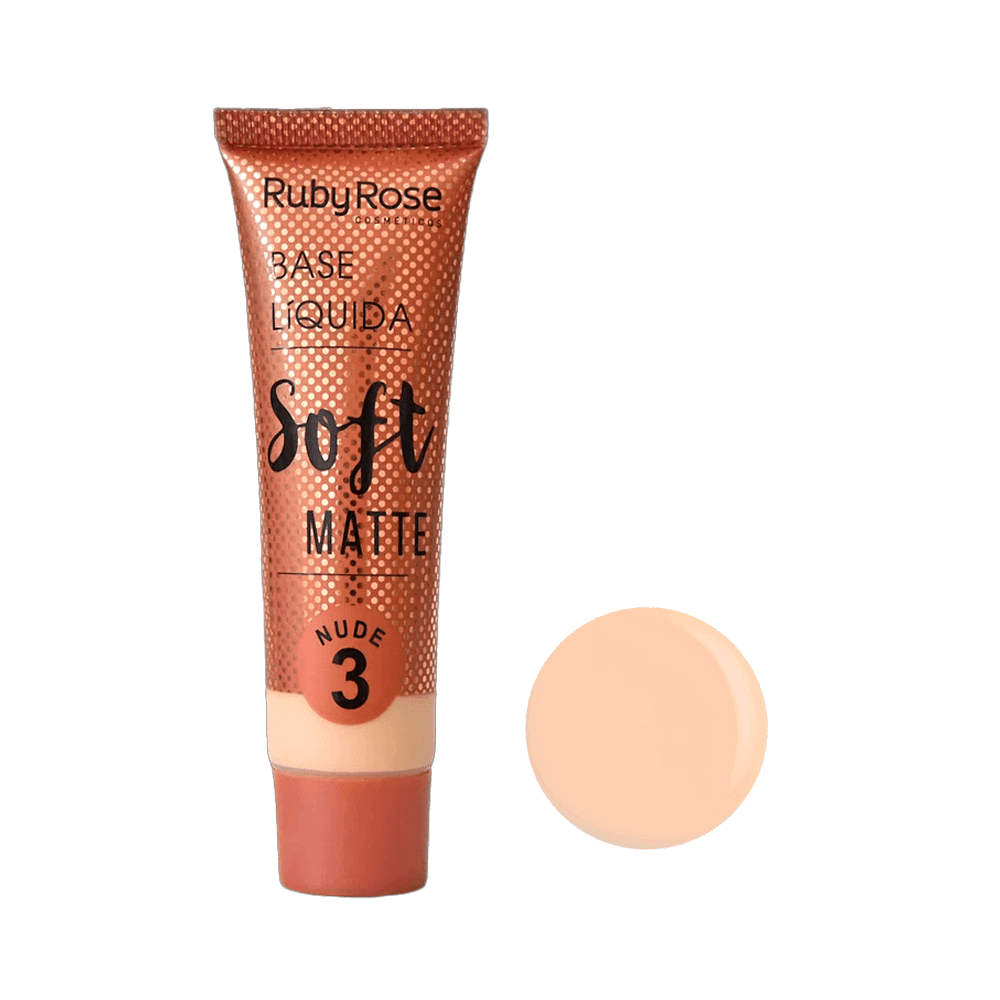Base Líquida Ruby Rose Soft Matte Nude 3 29ml exibida com amostra da textura cremosa e acabamento matte