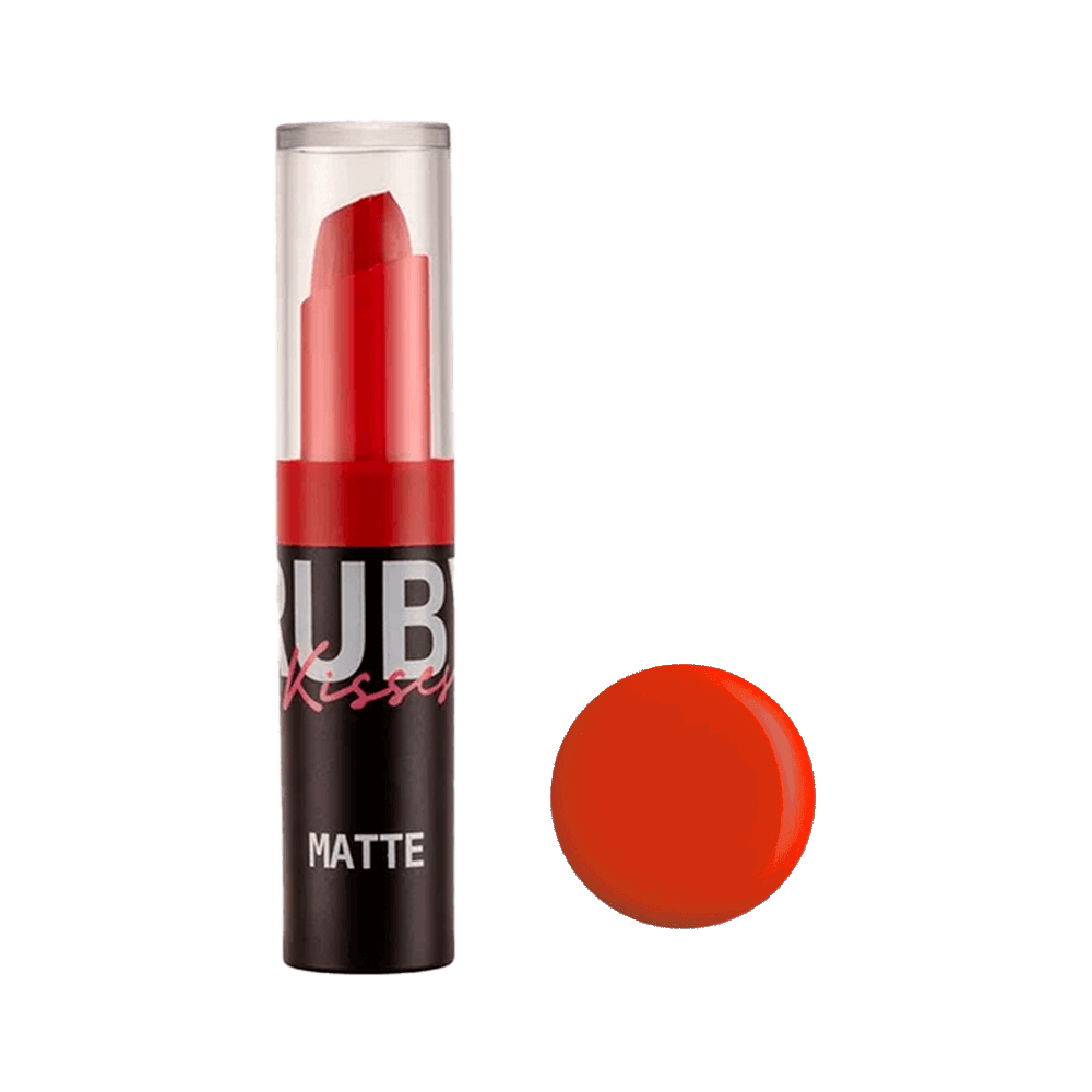 Batom Matte Ruby Kisses Extreme Coral - embalagem preta com tampa transparente, acabamento matte