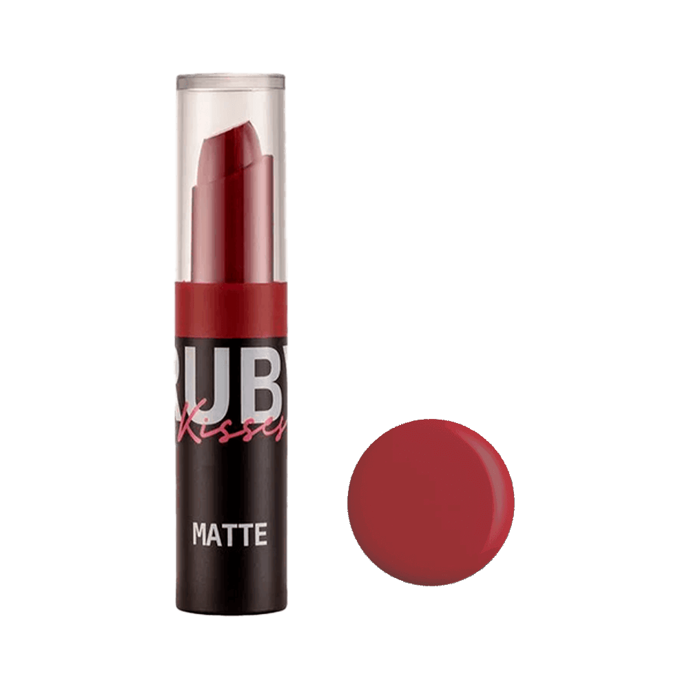 Batom Matte Ruby Kisses Sinful Red embalagem preta e bala vermelha intenso