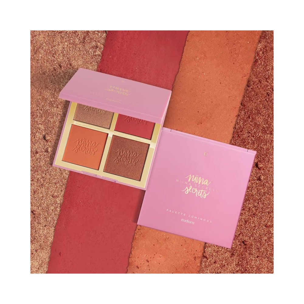 Paleta Niina Secrets aberta sobre fundo colorido destacando cores e texturas