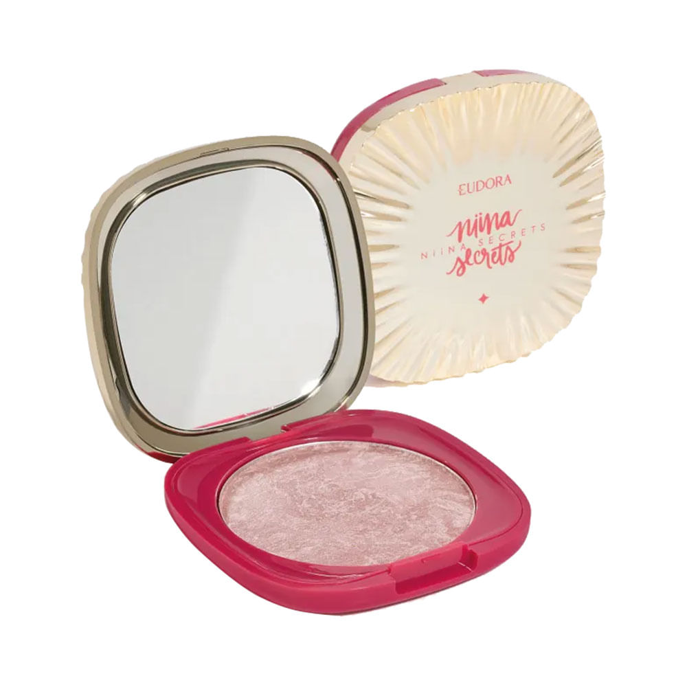 Blush Marmorizado Niina Secrets Cor 1 - embalagem compacta com tampa dourada e pó marmorizado rosado