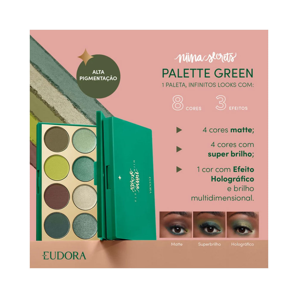 Imagem promocional da paleta Niina Secrets Green destacando acabamentos e pigmentação