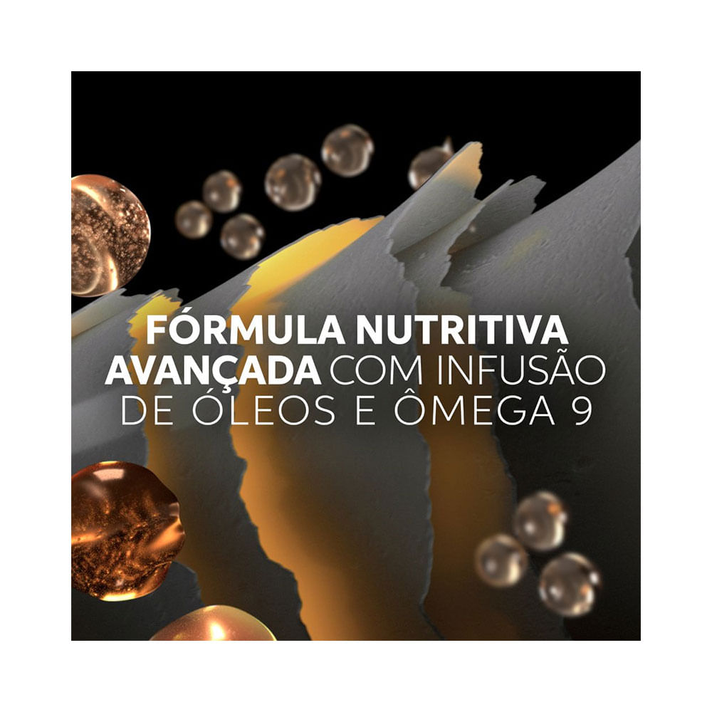 Imagem gráfica mostrando elementos dourados representando óleos e partículas, destacando a fórmula nutritiva do shampoo.