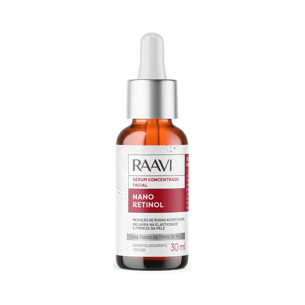 Imagem frontal do frasco âmbar com rótulo do Sérum Raavi