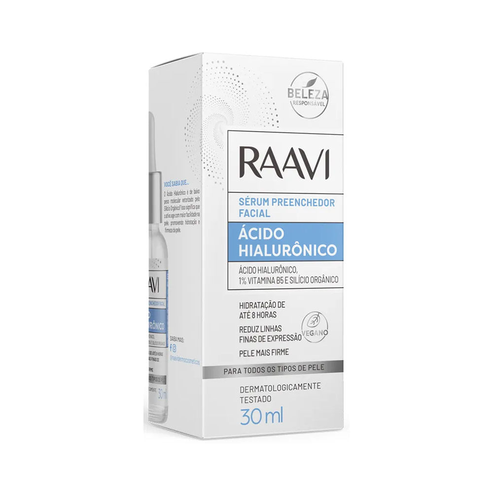 Embalagem do Sérum Facial Raavi 30ml com detalhes em azul e branco