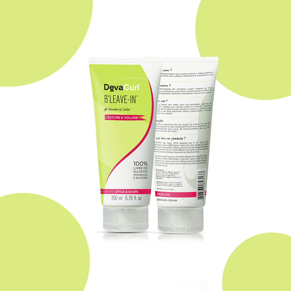 Tubo frontal e traseiro do Leave-in DevaCurl B'leave-in mostrando design e informações do produto