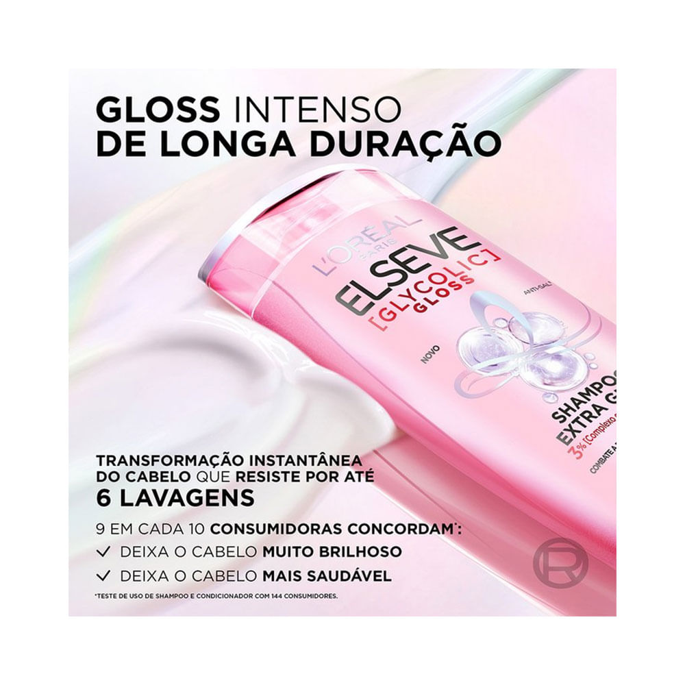 Frasco do Shampoo Elseve Glycolic Gloss destacando brilho intenso